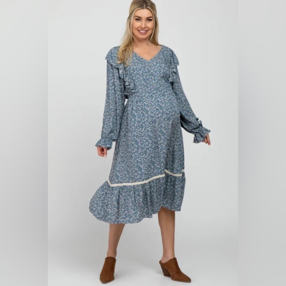 Blue Floral Ruffle Lace Accent Midi Dress NWT
